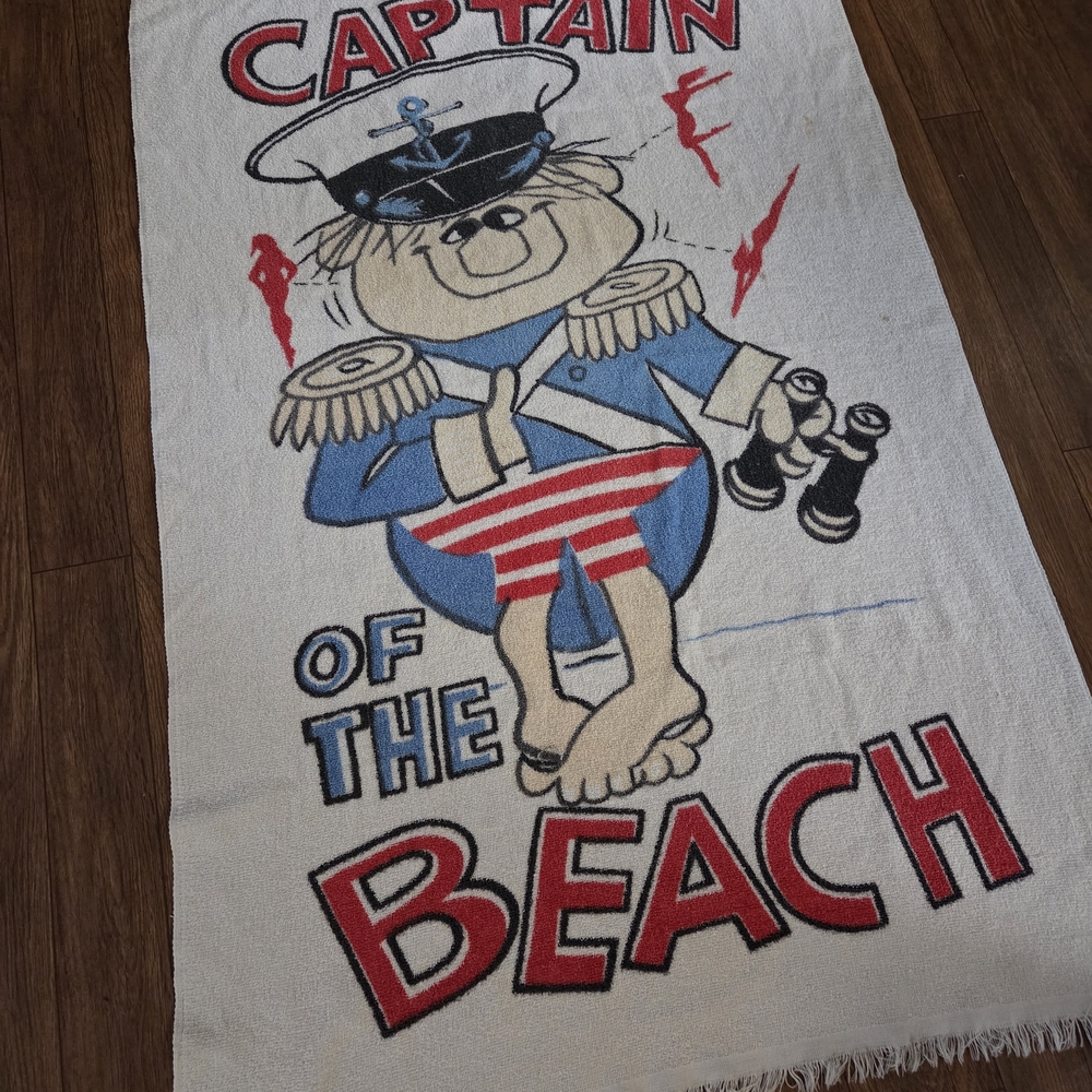 RARE Vintage 70s Captain of the Beach Nautical Sailor Terry Cloth Beach Towel